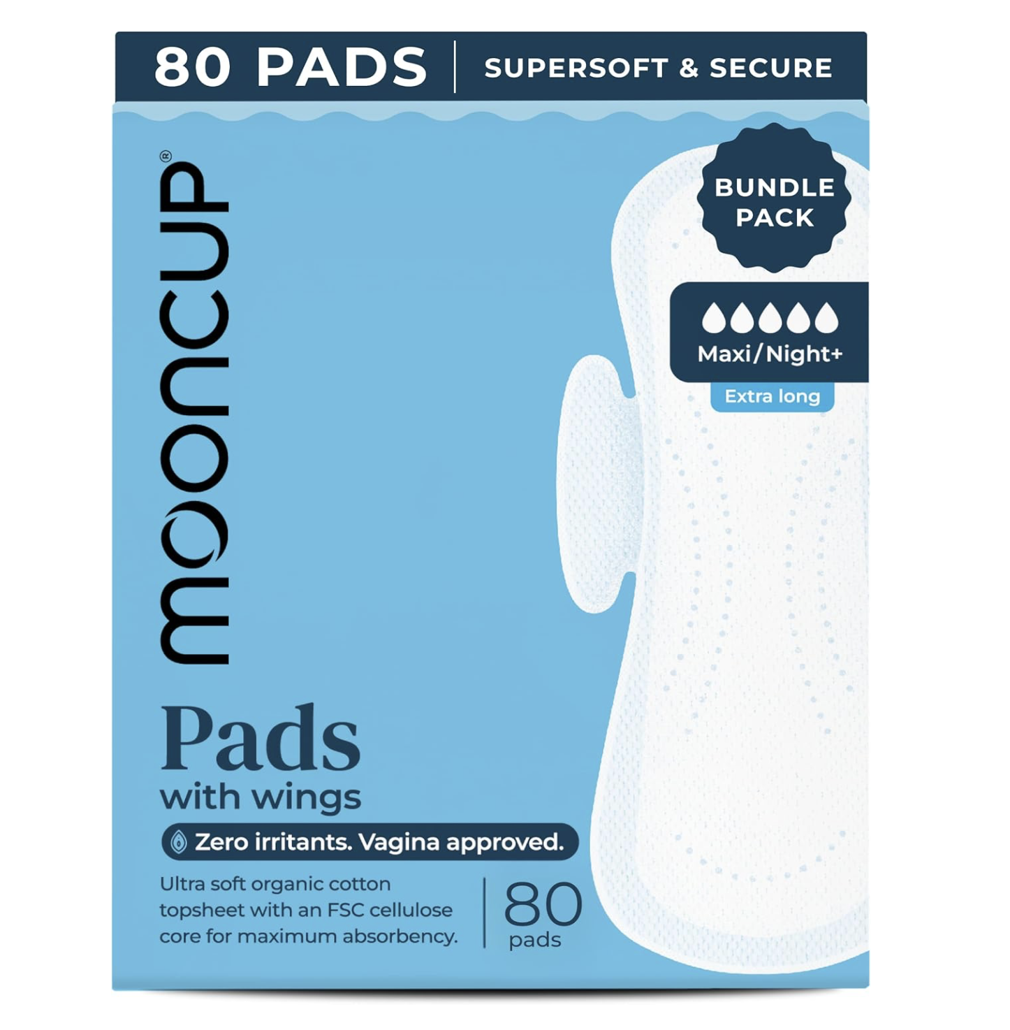 Mooncup Pads with Wings - Biodegradable Pads Made with Organic Cotton for Irritation-Free Period Care - Leakproof, Plastic-Free, Highly Absorbent Protection for Sensitive Skin - Maxi/Night+, 8x10 : Amazon.co.uk: Health & Personal Care