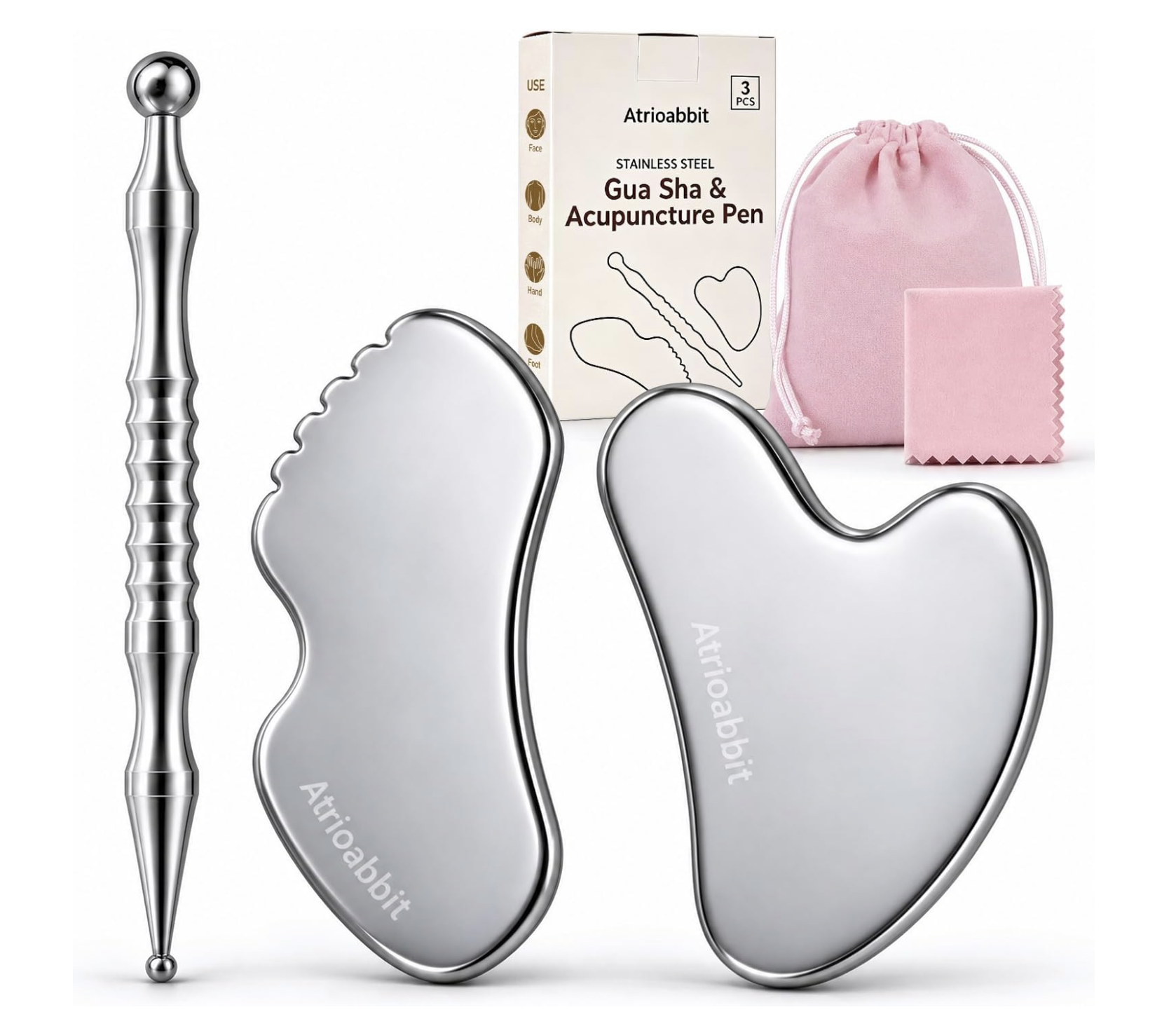 Atrioabbit Stainless Steel Gua Sha Facial Tool and Acupuncture Pen Set with Storage Bag, Face Massage Tools Manual Reflexology Tool for Face Body Skin-Care : Amazon.co.uk: Health & Personal Care