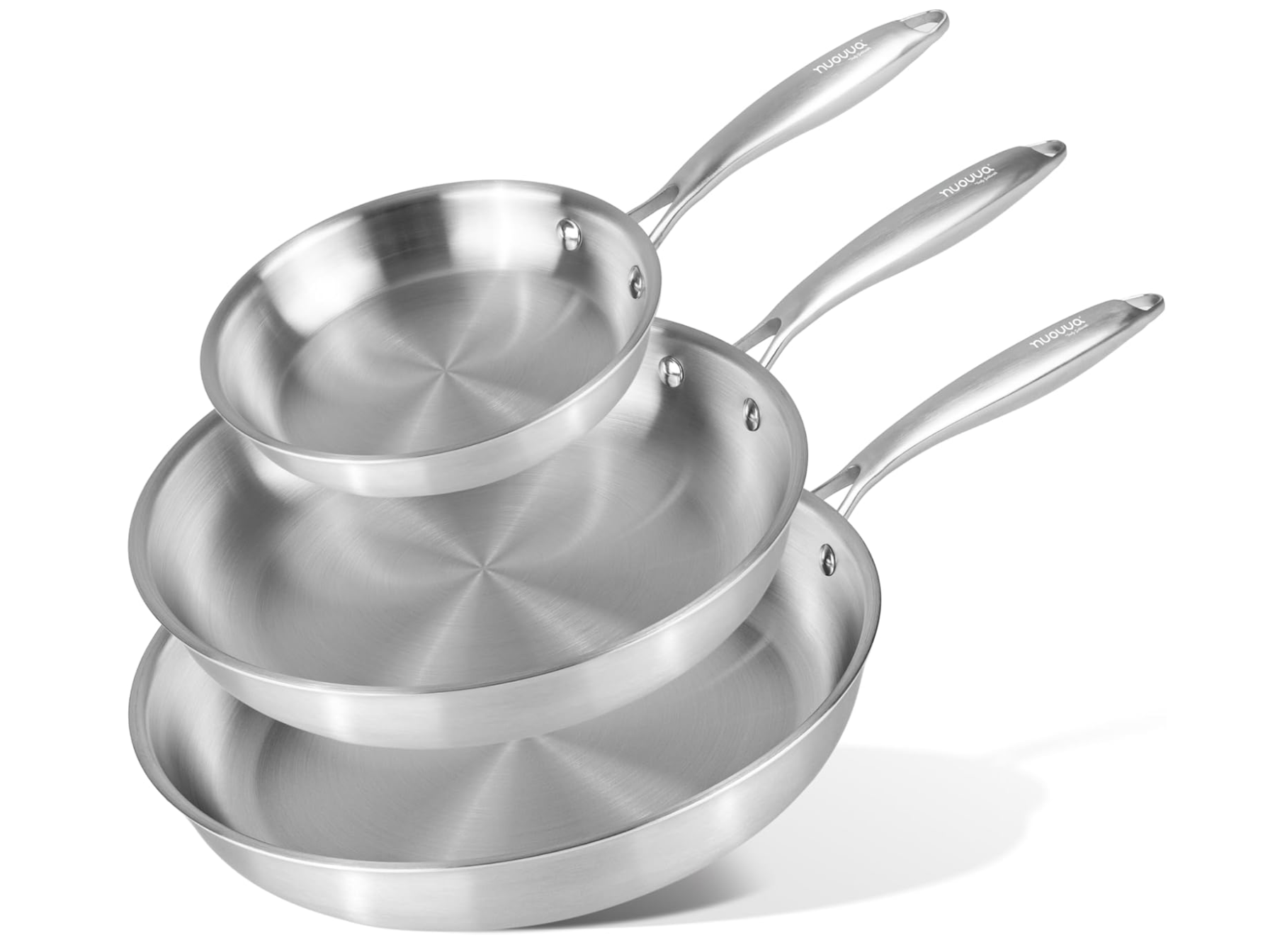 Stainless Steel Frying Pan Set – 3pcs Induction Hob Pan Set – Naturally Non-Stick Tri-Ply Stainless Steel – 18cm, 26cm & 30cm Cooking Pans – by Nuovva : Amazon.co.uk: Home & Kitchen