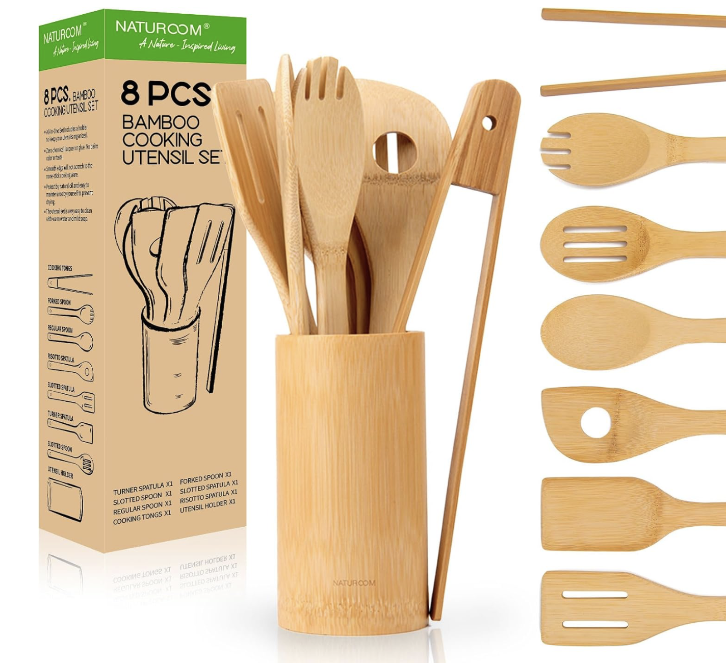 Naturoom Kitchen Utensils Set of 8 PCS, 12Inches Bamboo Wooden Cooking Spoon & Spatula Tools Perfect for Non-Stick Cookware (Bamboo 12inches) : Amazon.co.uk: Home & Kitchen