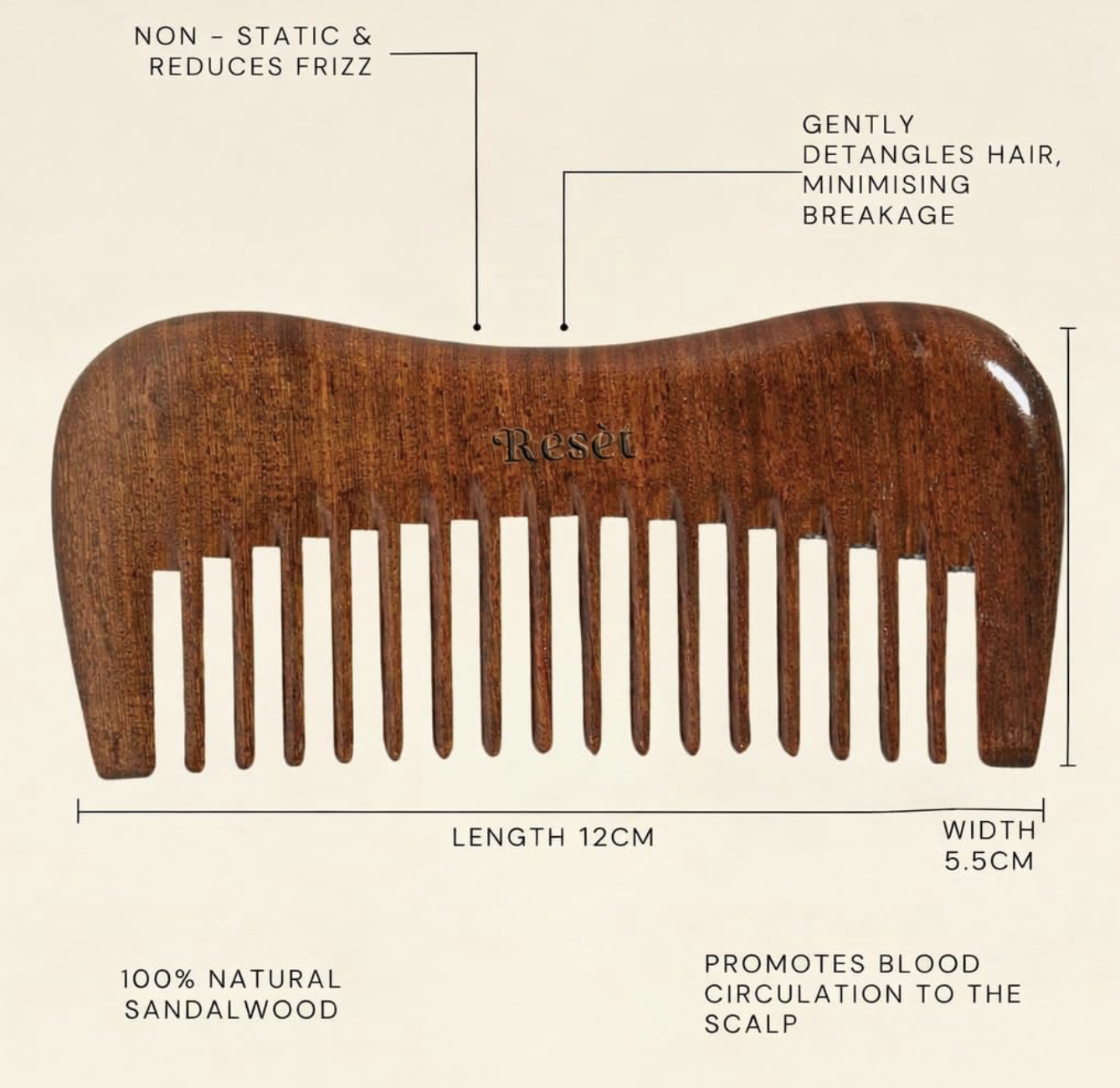 Resèt 100% Natural Handmade Sandalwood Comb | Soft Wide Tooth Wooden Comb | Eco-Friendly Anti-Static for Massage | Wooden Hair Detangler for Men and Women : Amazon.co.uk: Beauty