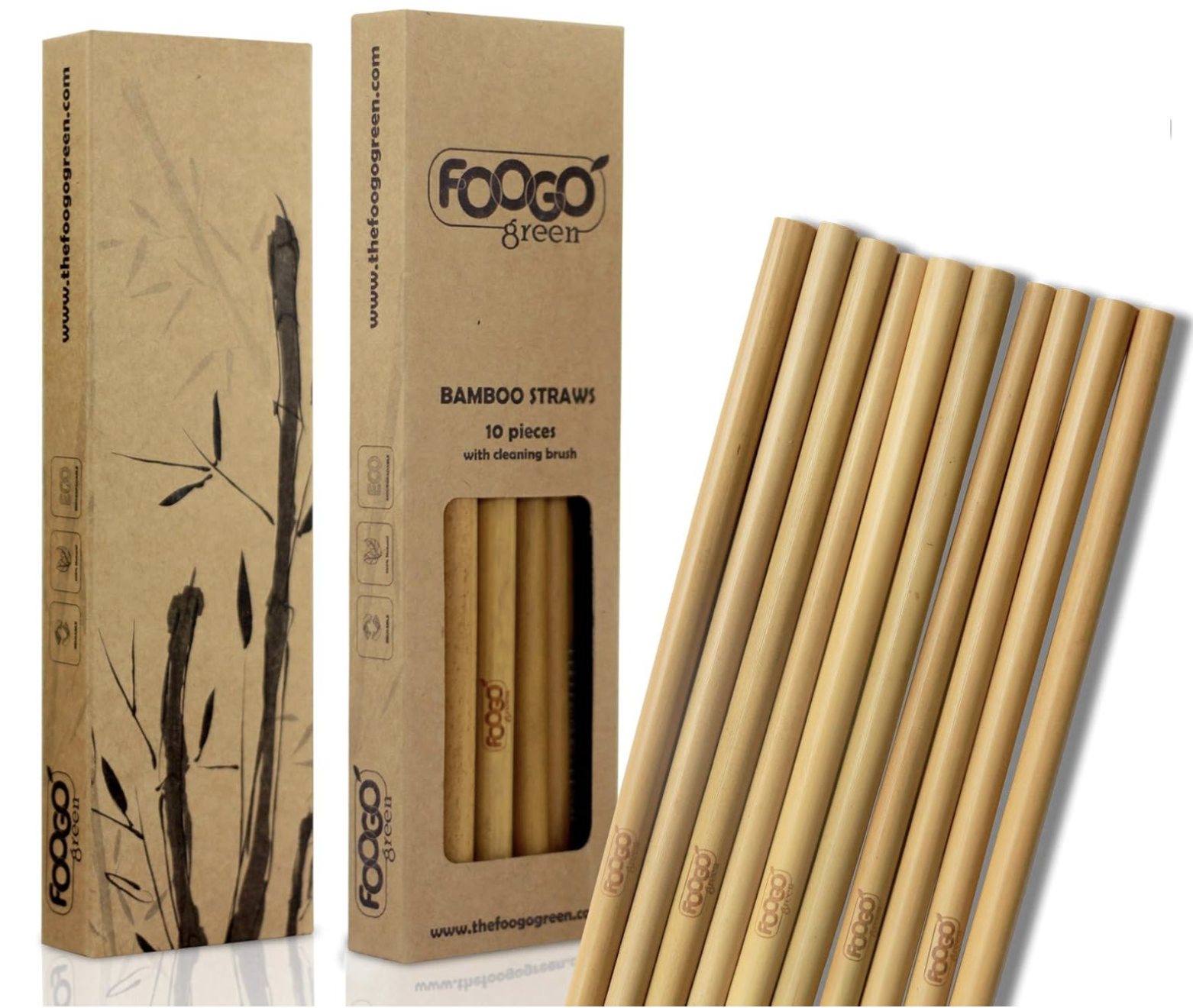 FOOGO Green 10 Bamboo Straws with Cleaning Brush, Reusable 20cm | 2 diameters, Juices and Smoothies Drinking Straws, 100% Natural, Biodegradable Eco Friendly : Amazon.co.uk: Home & Kitchen