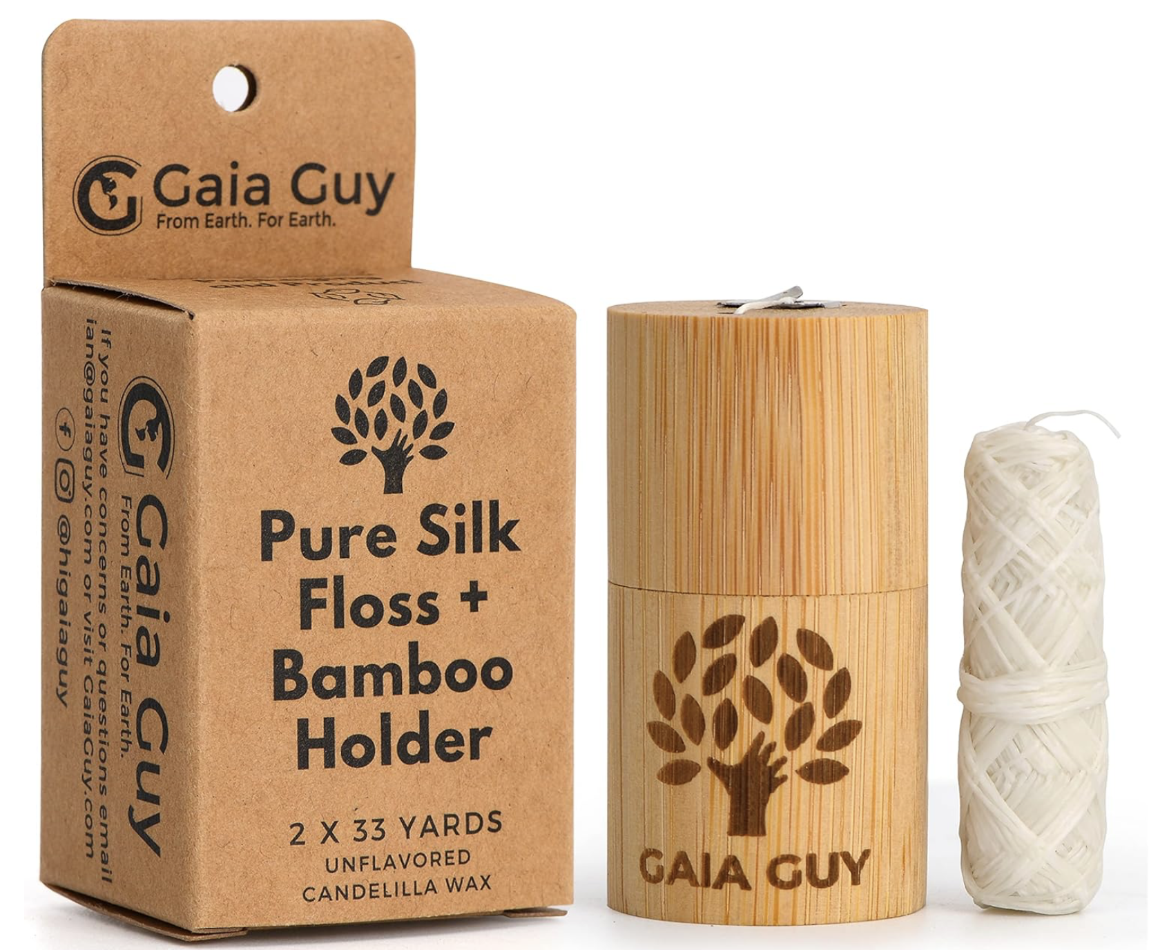 Gaia Guy Natural Unflavored Silk Dental Floss with Floss Refill & Reusable Bamboo Holder | 2 x 33yds Compostable Pure Silk Waxed with Candelilla Wax | Plastic-Free Packaging : Amazon.co.uk: Health & Personal Care
